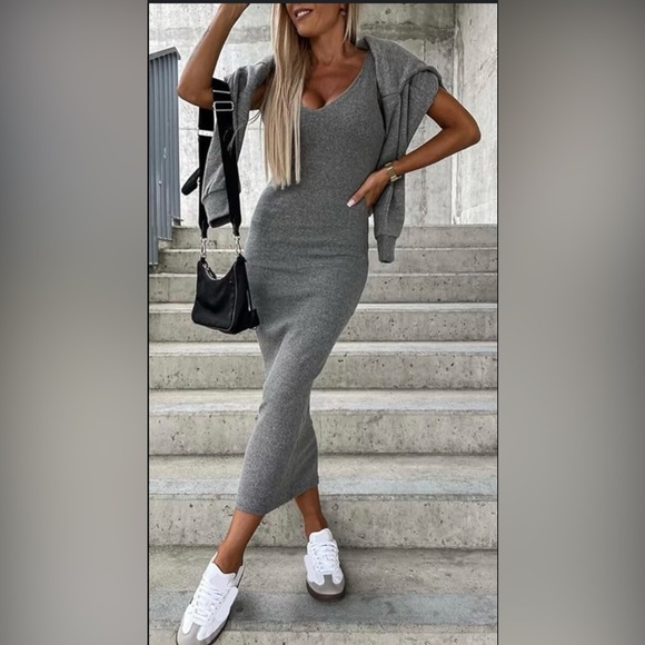 Gray Ribbed Bodycon Dress - Picture 4 of 8